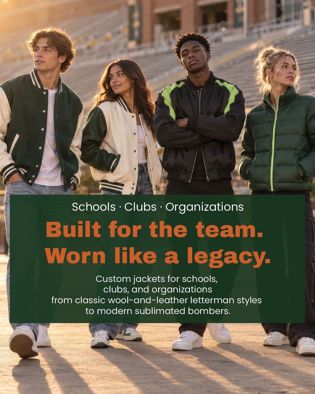 Go Cactus custom team jackets: varsity, bomber, puffer and coach
