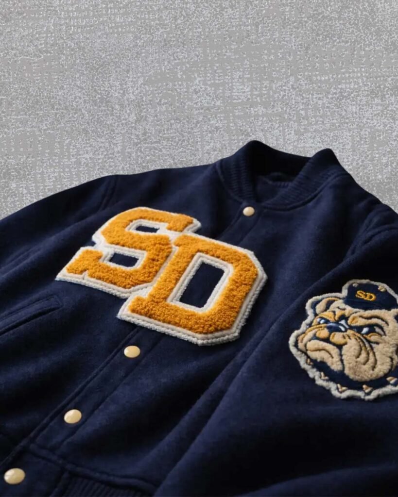 Chenille embroidery varsity letter patch with raised looped yarn texture